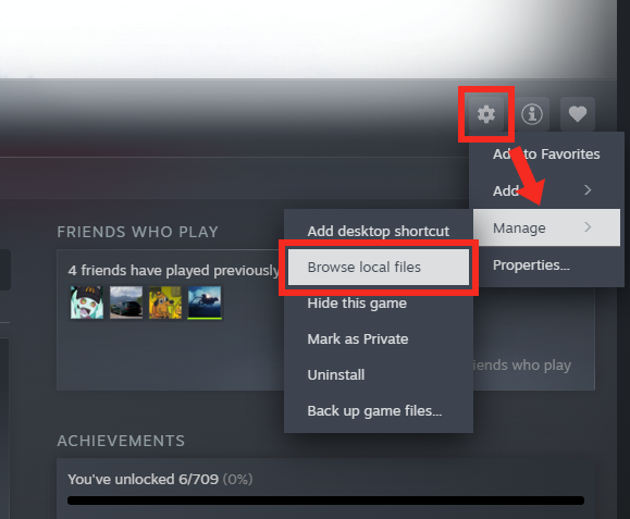 Steam menu showing how to browse local files